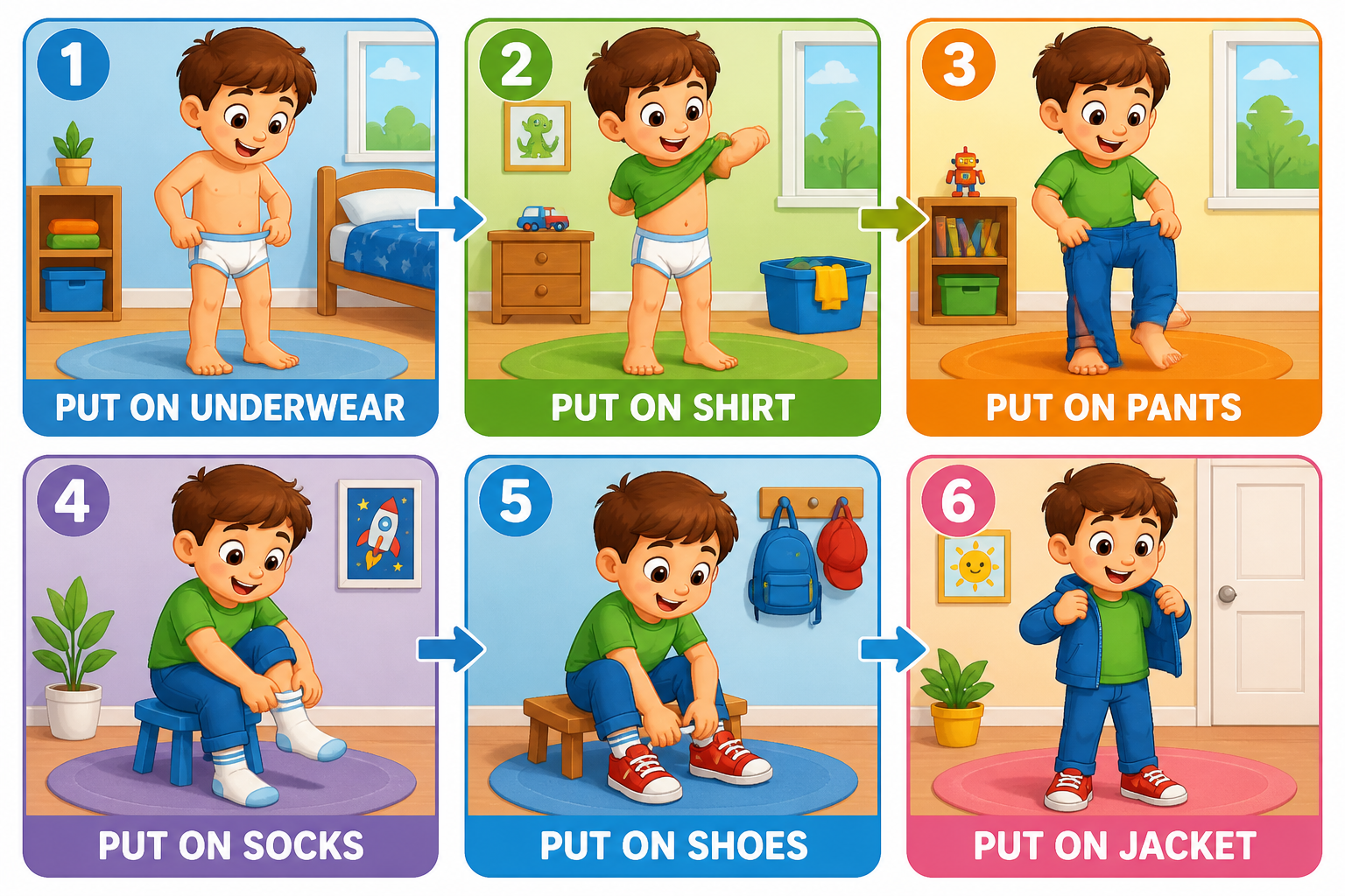 Conjunto Visual de Aprendizaje para Vestirse: 6 Pasos para Ayudar a Tu Hijo a Desarrollarse